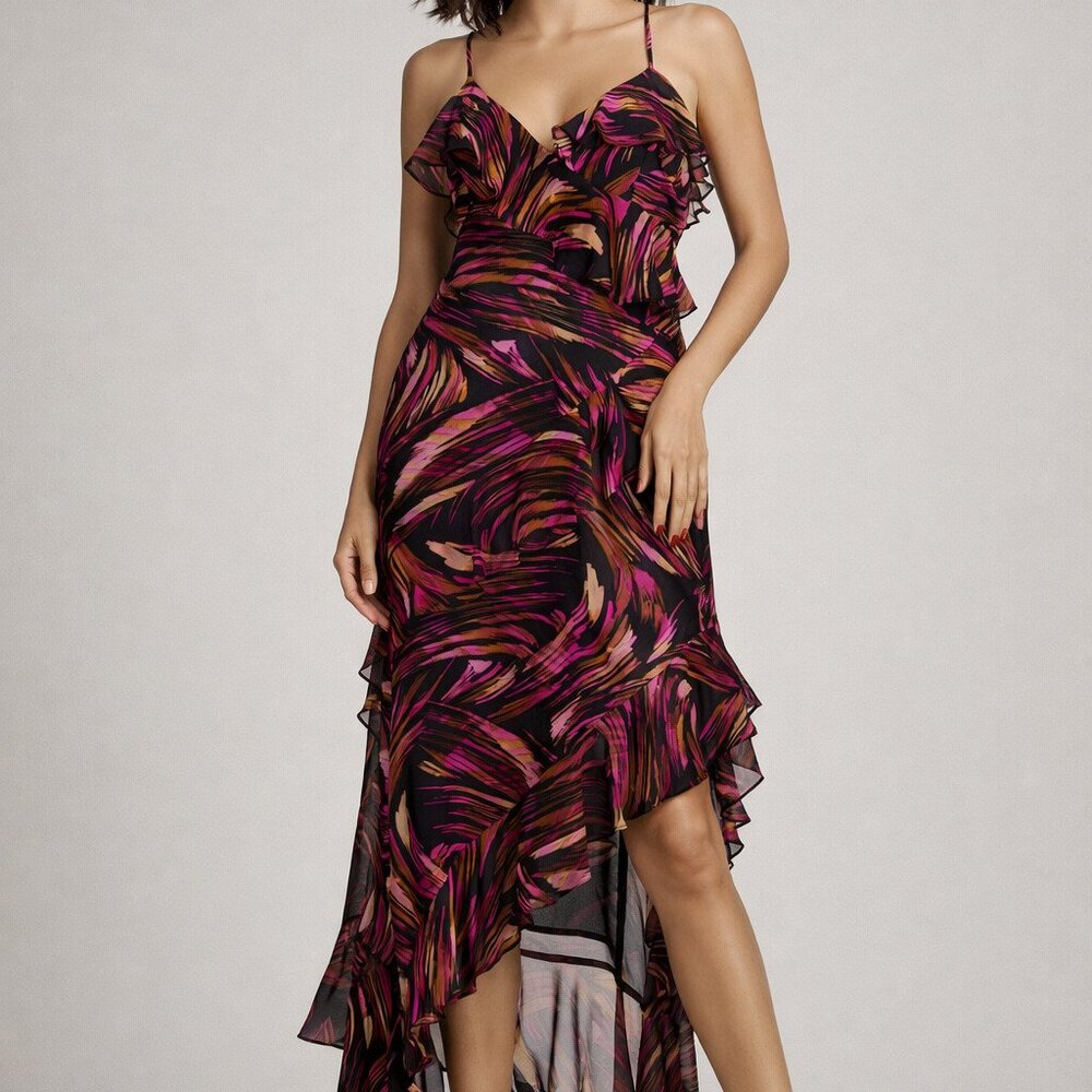 Dress Forum V Neck Ruffle Asymmetrical Hem Dress Women's Large NWT
